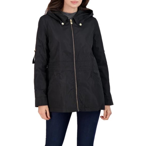 NWT VIA SPIGA WATER REPELLENT black RAIN JACKET WITH ATTACHED HOOD -L - Picture 1 of 8